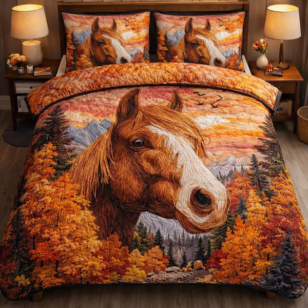 Autumn Mountain Mustang quilted 3-piece bedding set on a made bed with two matching pillow shams