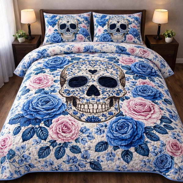 Blue Rose Skull quilted 3-piece bedding set on a made bed against a dark styled interior