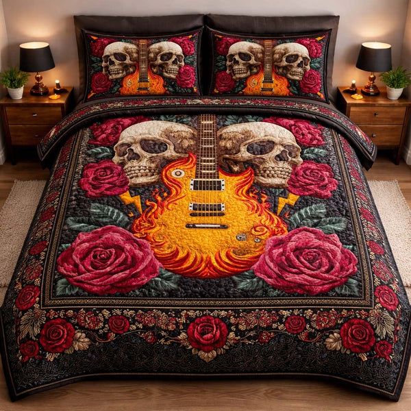 Flaming Guitar Skull quilted 3-piece bedding set on a made bed against a dark styled interior