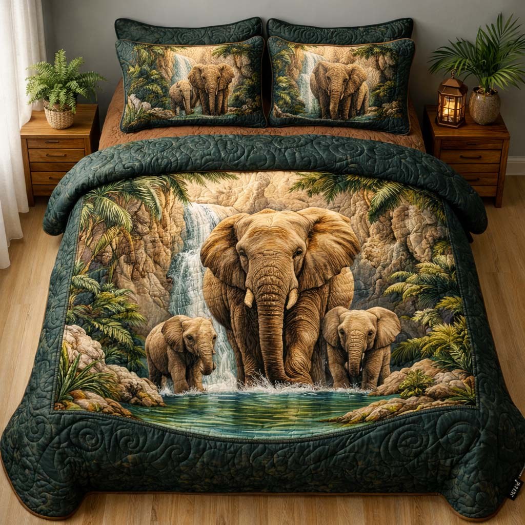Elephant Oasis 3-Piece Quilted Bedding Set - Design 1 — quilt and two matching pillow shams