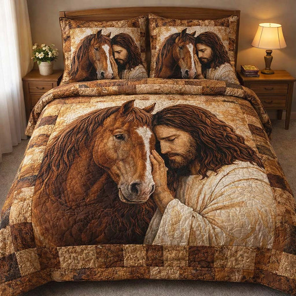 Faithful Horse 3-Piece Quilted Bedding Set — quilt and two matching pillow shams