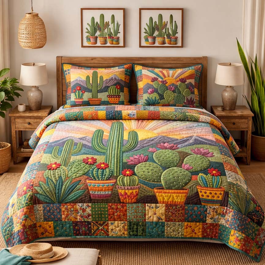 Desert Bloom Cactus 3-Piece Quilted Bedding Set - Design 1 — quilt and two matching pillow shams