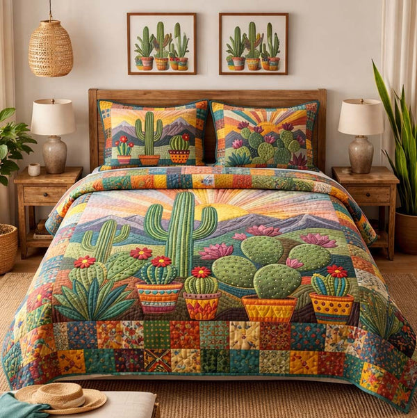 Desert Bloom Cactus quilted 3-piece bedding set on a made bed with two matching pillow shams