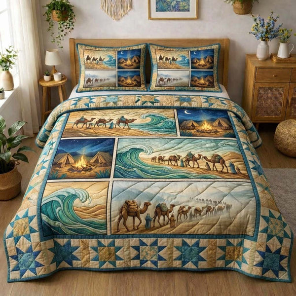 Desert Promise Story quilted 3-piece bedding set on a made bed with two matching pillow shams