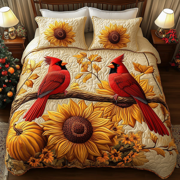Cardinal Golden Harvest quilted 3-piece bedding set on a made bed with two matching pillow shams