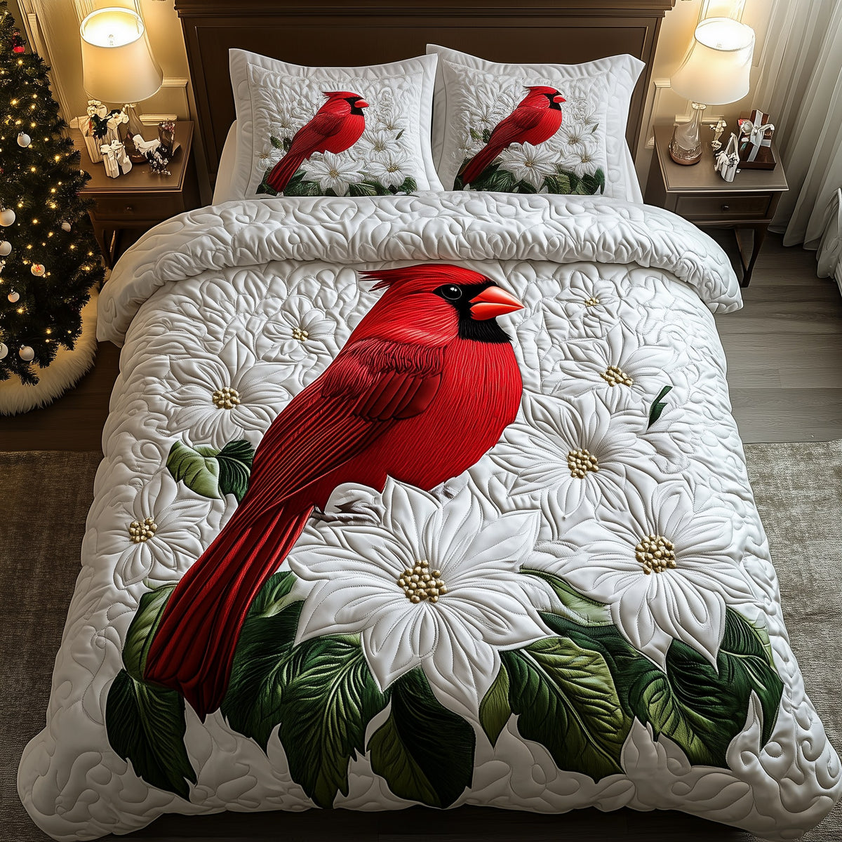 Cardinals in Bloom 3-Piece Quilted Bedding Set - Design 1 — quilt and two matching pillow shams