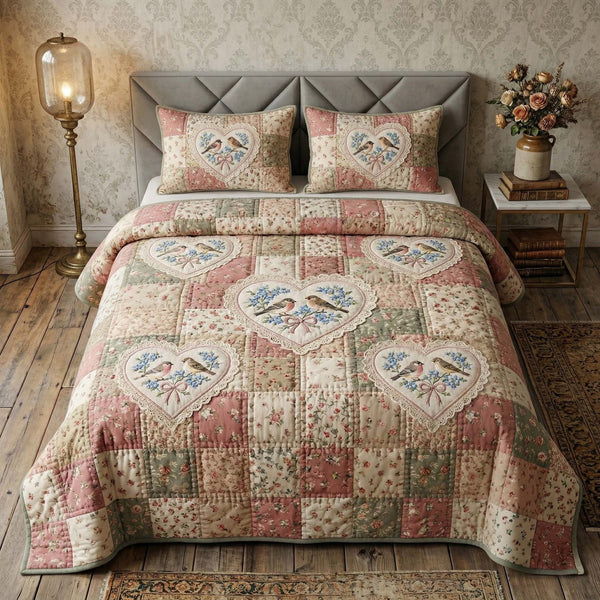 Birdsong Garden Quilt quilted 3-piece bedding set on a made bed with two matching pillow shams