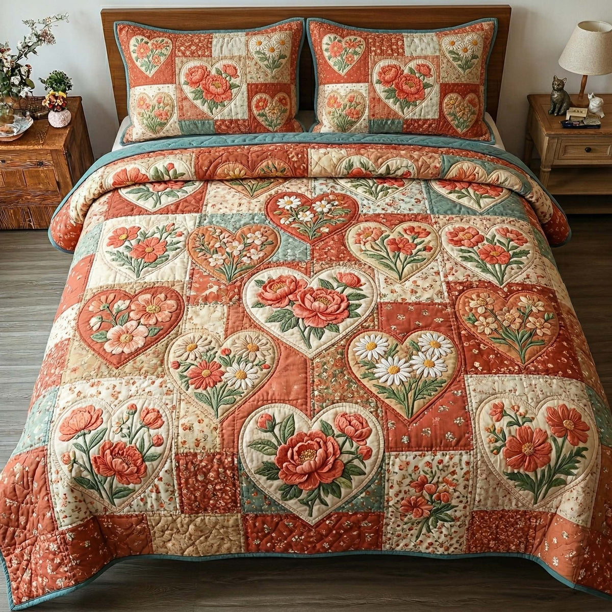 Coral Bloom Garden 3-Piece Quilted Bedding Set — quilt and two matching pillow shams