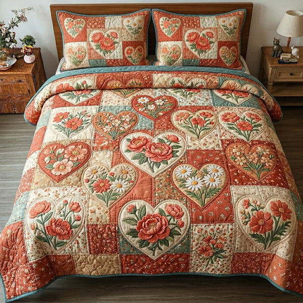 Coral Bloom Garden 3-Piece Quilted Bedding Set — quilt and two matching pillow shams