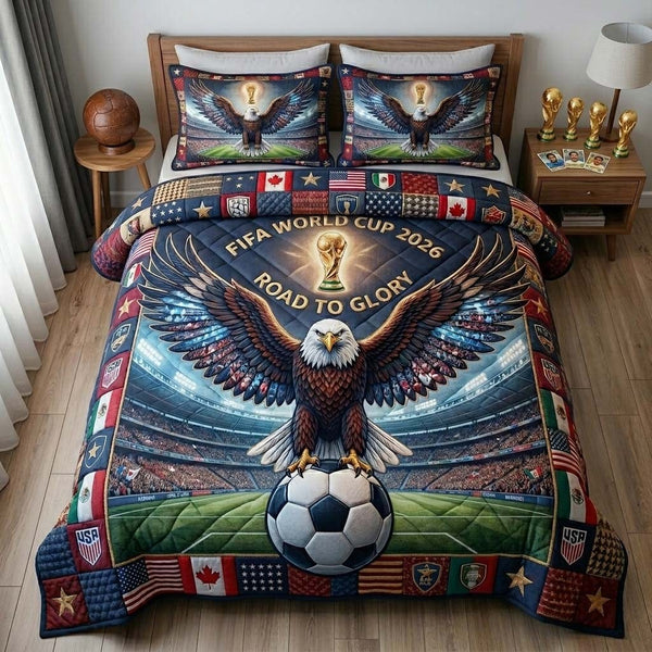 Eagle Glory Arena quilted 3-piece bedding set on a made bed in a warmly lit bedroom