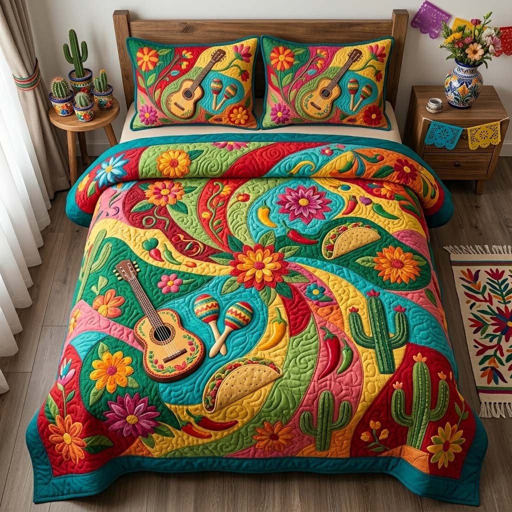 Fiesta Night Garden 3-Piece Quilted Bedding Set — quilt and two matching pillow shams