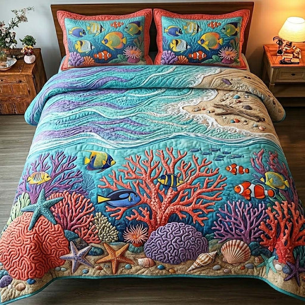 Coral Reef Bliss 3-Piece Quilted Bedding Set - Design 1 — quilt and two matching pillow shams