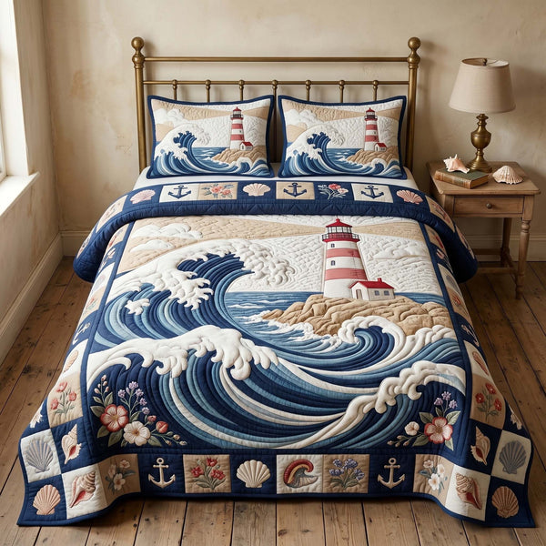 Coastal Breeze Haven quilted 3-piece bedding set on a made bed in a light coastal bedroom