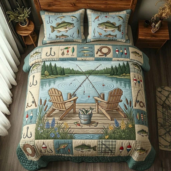 Dockside Fishing Day quilted 3-piece bedding set on a made bed with two matching pillow shams