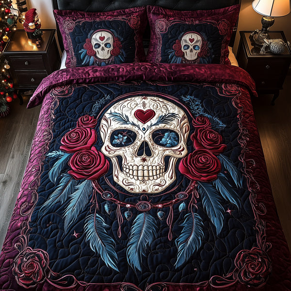 Dreamcatcher Skull quilted 3-piece bedding set on a made bed against a dark styled interior