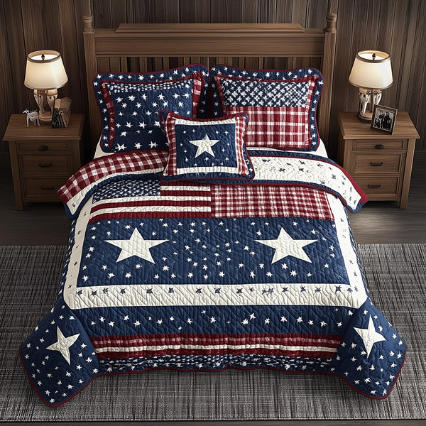 American Heritage quilted 3-piece bedding set on a made bed in a warmly lit bedroom
