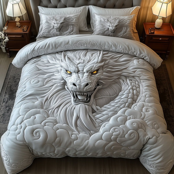Celestial Cloud Dragon quilted 3-piece bedding set on a made bed with two matching pillow shams