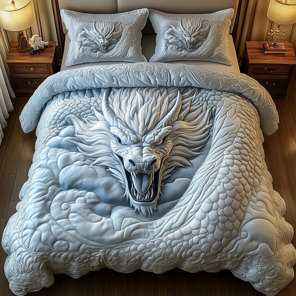 Celestial Cloud Dragon quilted 3-piece bedding set on a made bed with two matching pillow shams