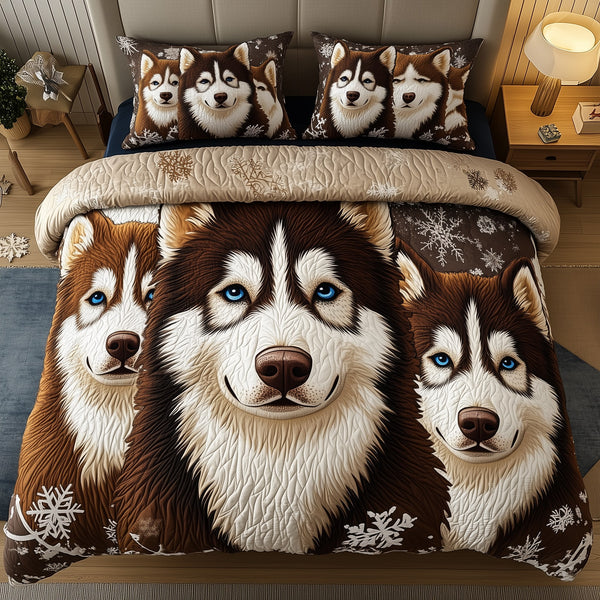 Arctic Stare Husky quilted 3-piece bedding set on a made bed with two matching pillow shams