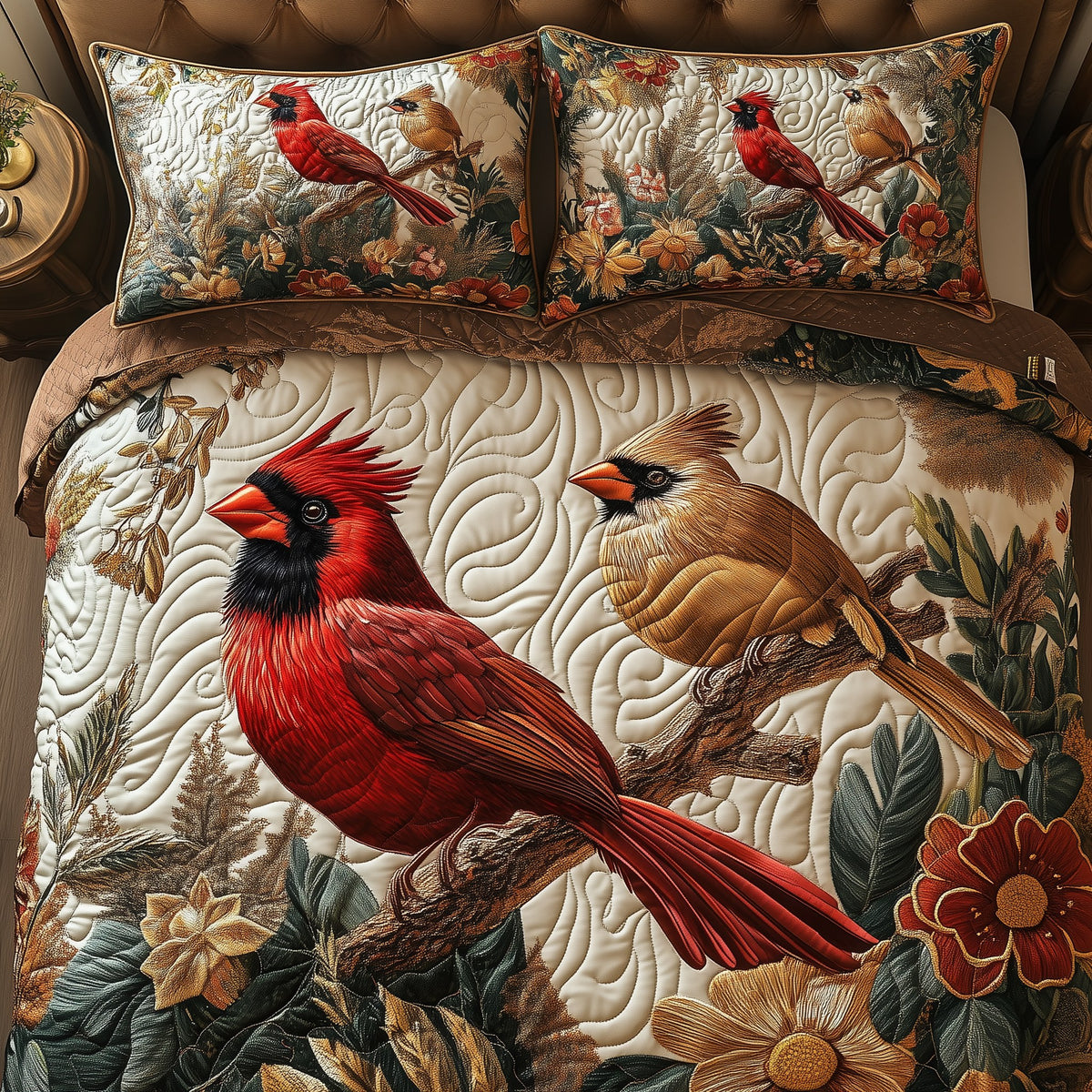 Cardinal Love Dance 3-Piece Quilted Bedding Set - Design 2 — quilt and two matching pillow shams