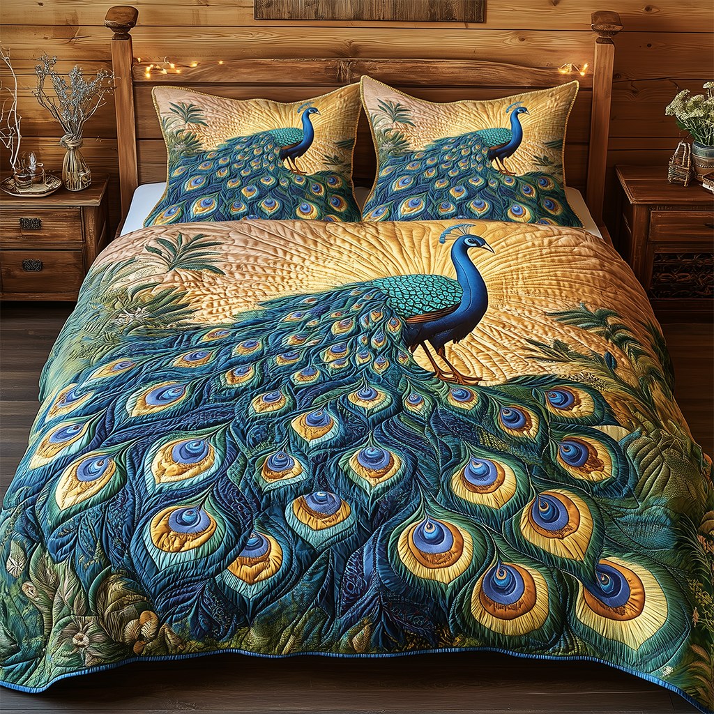 Elegance Peacock 3-Piece Quilted Bedding Set — quilt and two matching pillow shams