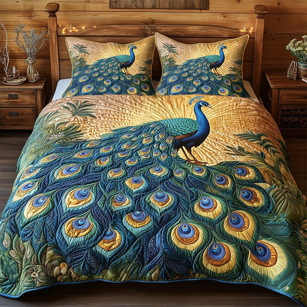 Elegance Peacock quilted 3-piece bedding set on a made bed with two matching pillow shams