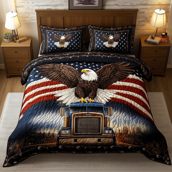 Eagle of Freedom quilted 3-piece bedding set on a made bed in a warmly lit bedroom