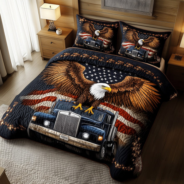 Eagle of Freedom quilted 3-piece bedding set on a made bed in a warmly lit bedroom