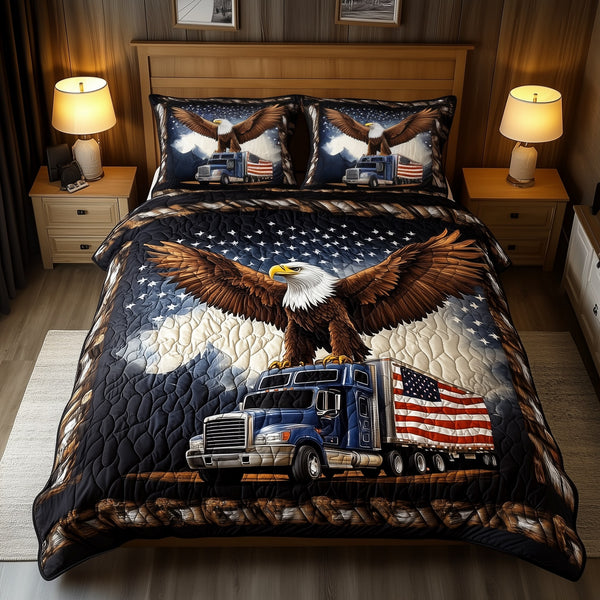Eagle of Freedom quilted 3-piece bedding set on a made bed in a warmly lit bedroom