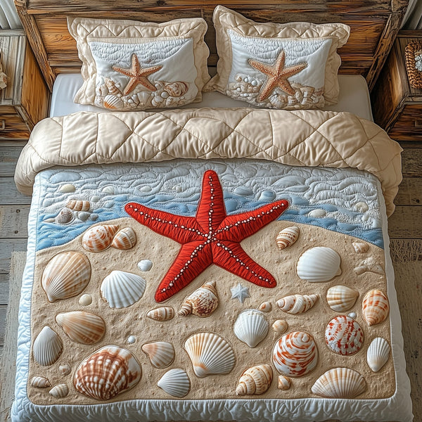 Beachside Jewels quilted 3-piece bedding set on a made bed in a light coastal bedroom