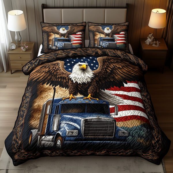 Eagle of Freedom quilted 3-piece bedding set on a made bed in a warmly lit bedroom