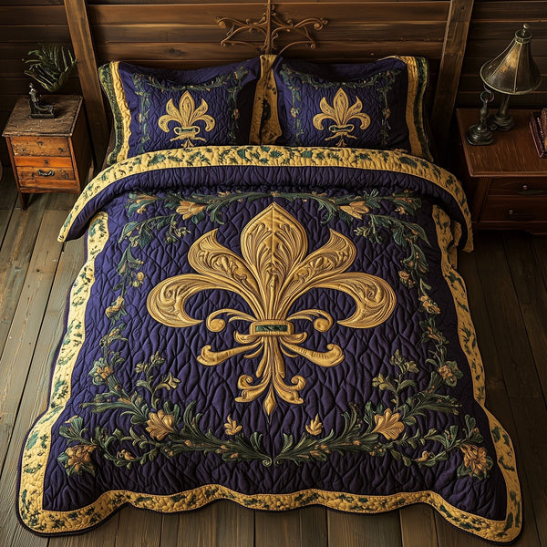 Fleur de lis Carnival quilted 3-piece bedding set on a made bed with two matching pillow shams