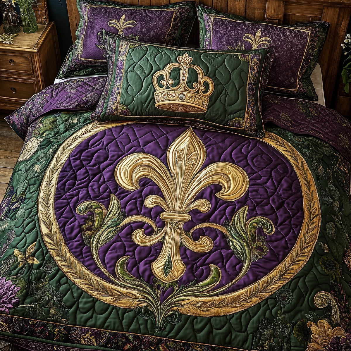 Fleur de lis 3-Piece Quilted Bedding Set - Design 1 — quilt and two matching pillow shams