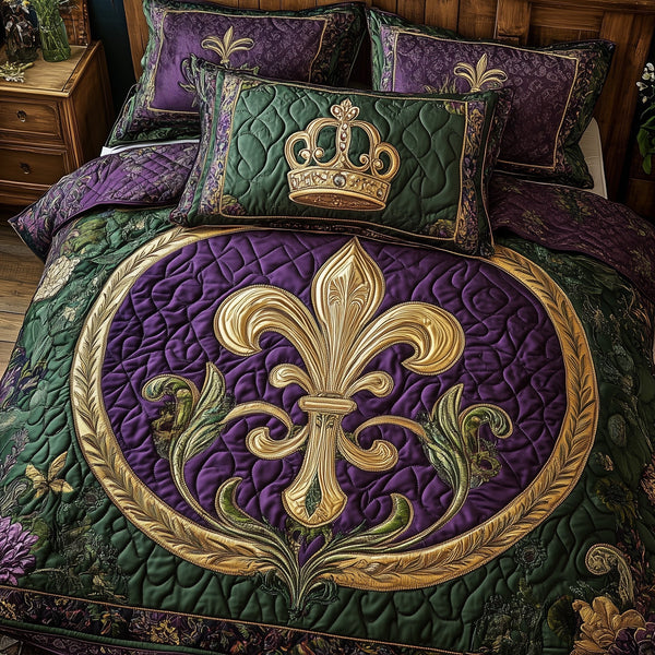 Fleur de lis quilted 3-piece bedding set on a made bed with two matching pillow shams