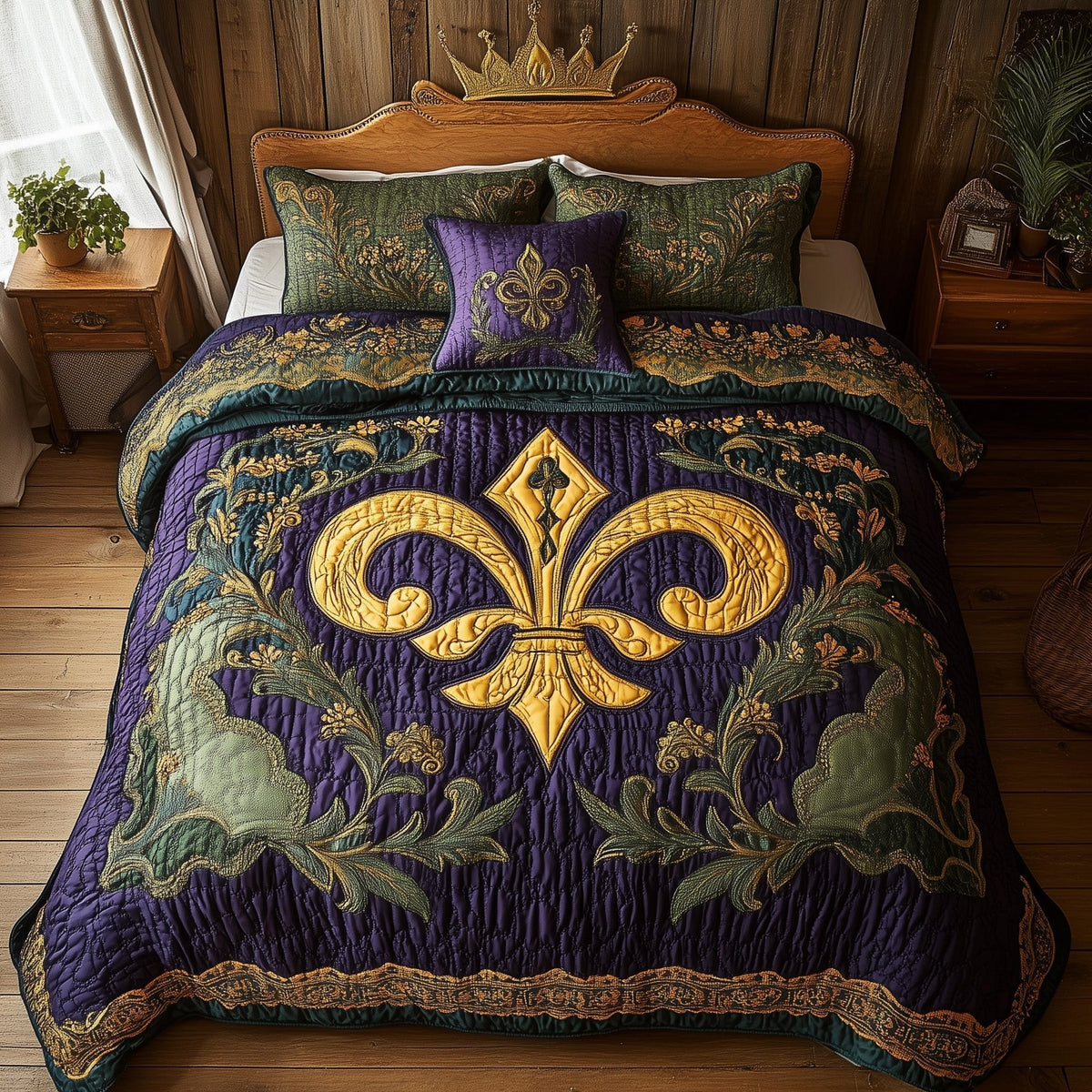 Fleur de lis 3-Piece Quilted Bedding Set - Design 2 — quilt and two matching pillow shams