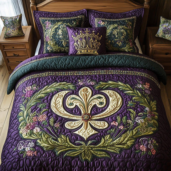 Fleur de lis quilted 3-piece bedding set on a made bed with two matching pillow shams