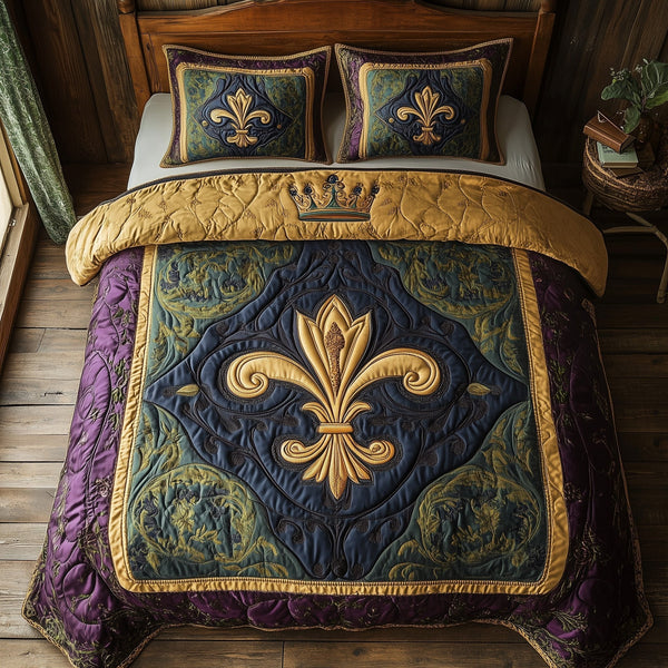 Fleur de lis quilted 3-piece bedding set on a made bed with two matching pillow shams