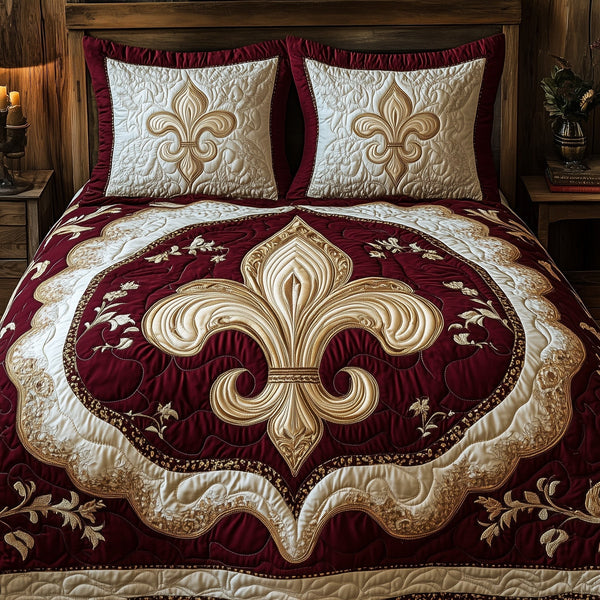 Fleur de lis Carnival quilted 3-piece bedding set on a made bed with two matching pillow shams
