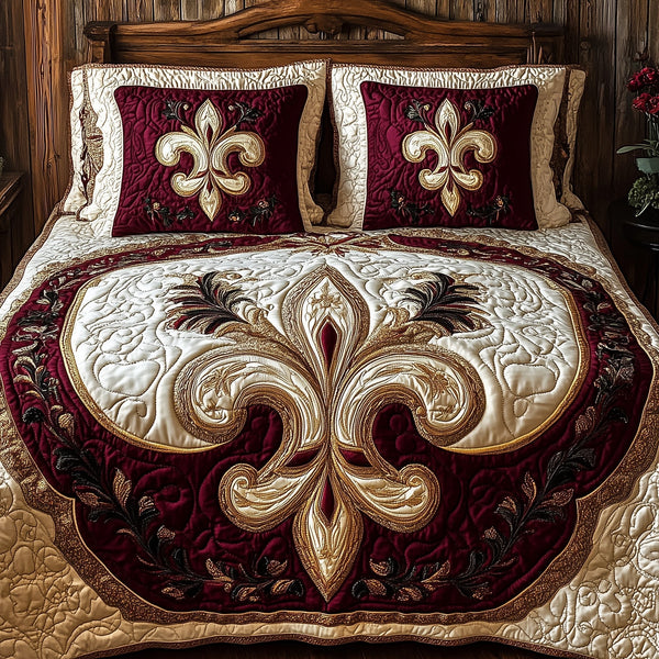 Fleur de lis quilted 3-piece bedding set on a made bed with two matching pillow shams