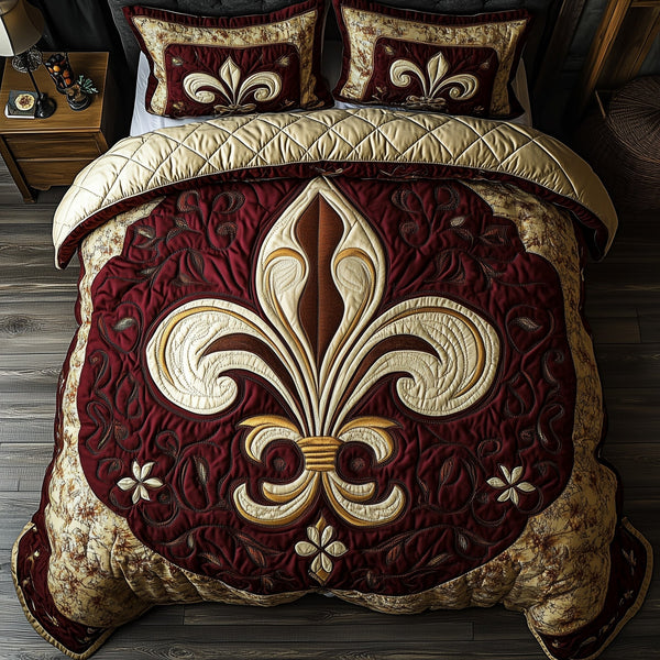 Fleur de lis quilted 3-piece bedding set on a made bed with two matching pillow shams