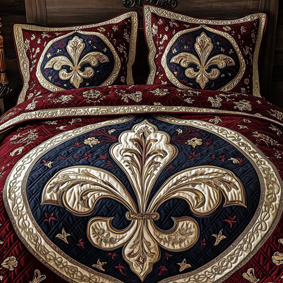 Fleur de lis 3-Piece Quilted Bedding Set - Design 7 — quilt and two matching pillow shams