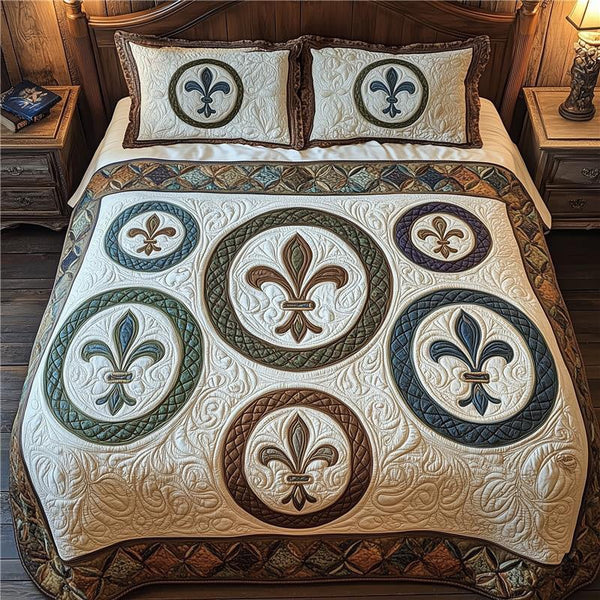 Fleur de lis quilted 3-piece bedding set on a made bed with two matching pillow shams