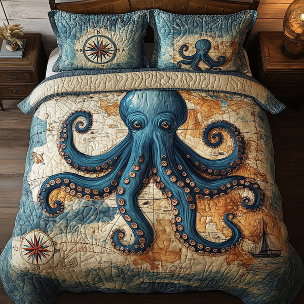 Ancient Kraken Legend quilted 3-piece bedding set on a made bed with two matching pillow shams