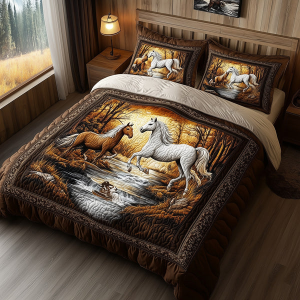 Beachside Runners quilted 3-piece bedding set on a made bed in a light coastal bedroom