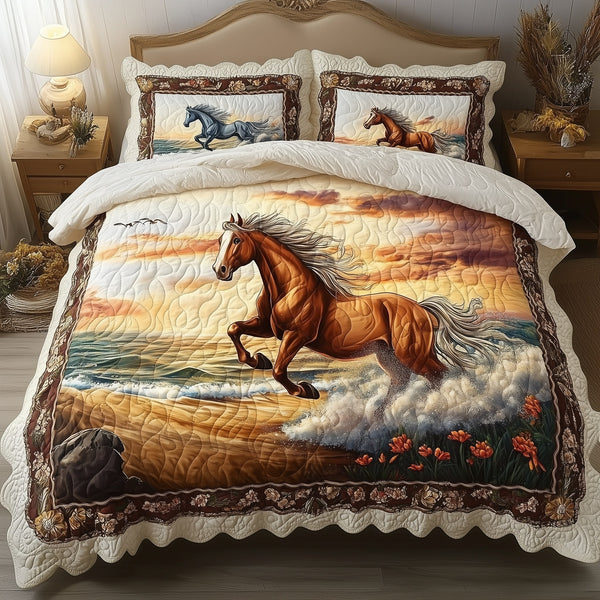 Beachside Runners quilted 3-piece bedding set on a made bed in a light coastal bedroom