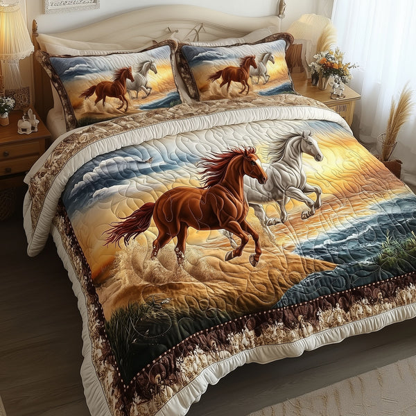 Beachside Runners quilted 3-piece bedding set on a made bed in a light coastal bedroom