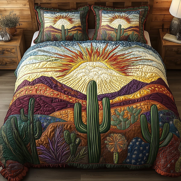 Cactus Sunburst Sky quilted 3-piece bedding set on a made bed with two matching pillow shams