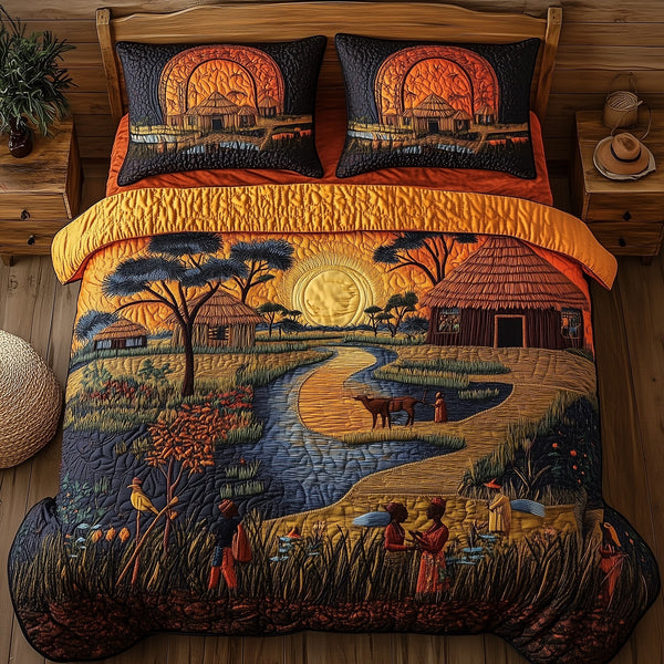 African Village quilted 3-piece bedding set on a made bed with two matching pillow shams
