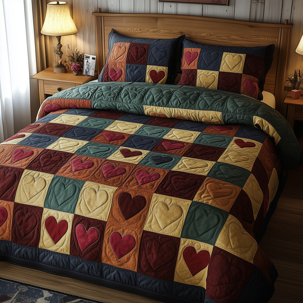 Burgundy Heart Shape 3-Piece Quilted Bedding Set - Design 1 — quilt and two matching pillow shams