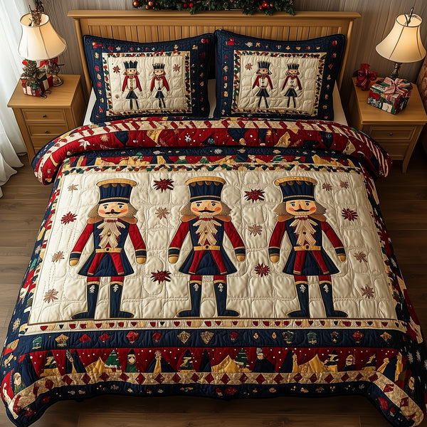 Christmas Nutcracker quilted 3-piece bedding set on a made bed in a winter-styled bedroom